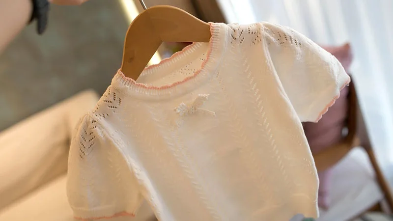 MILANCEL New Summer Kids Knitted Short Sleeves 1-5T Cute Color Blocking Bow Girls Hollow Out T-shirt Children Sweet Outwear Tops