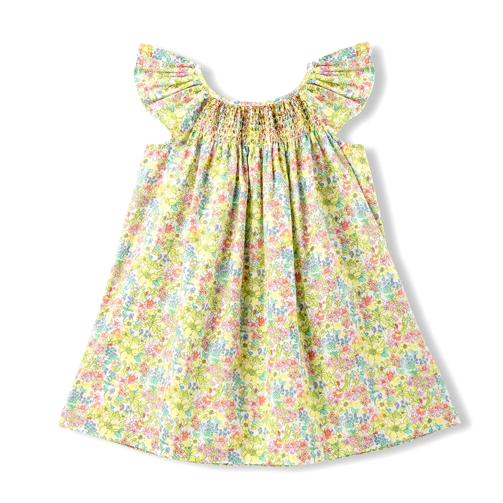 Floral Summer Dress for 1 2 3 4 5 6 Years Girls Smocking Design with Flying Sleeve Baby Toddler Daily Cute Clothes