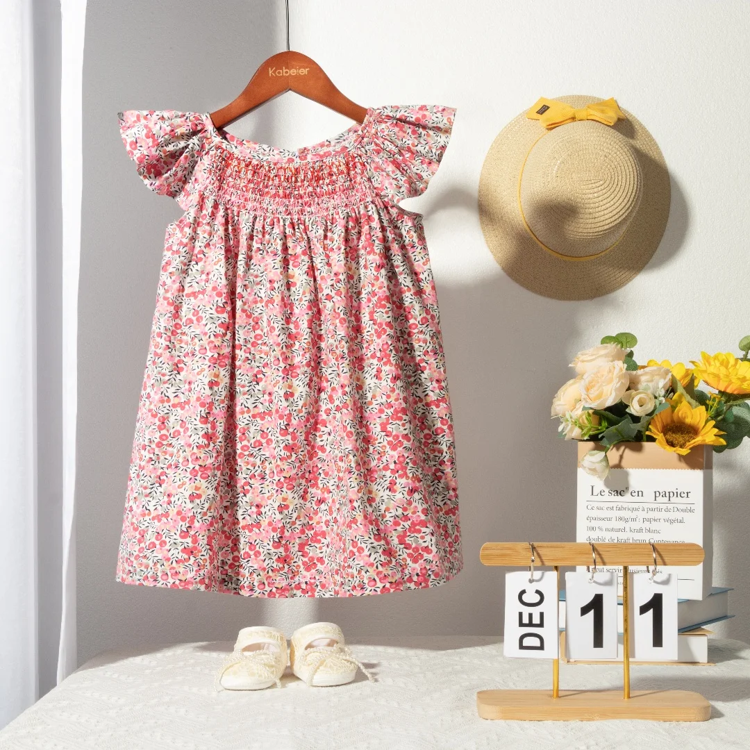 Floral Summer Dress for 1 2 3 4 5 6 Years Girls Smocking Design with Flying Sleeve Baby Toddler Daily Cute Clothes