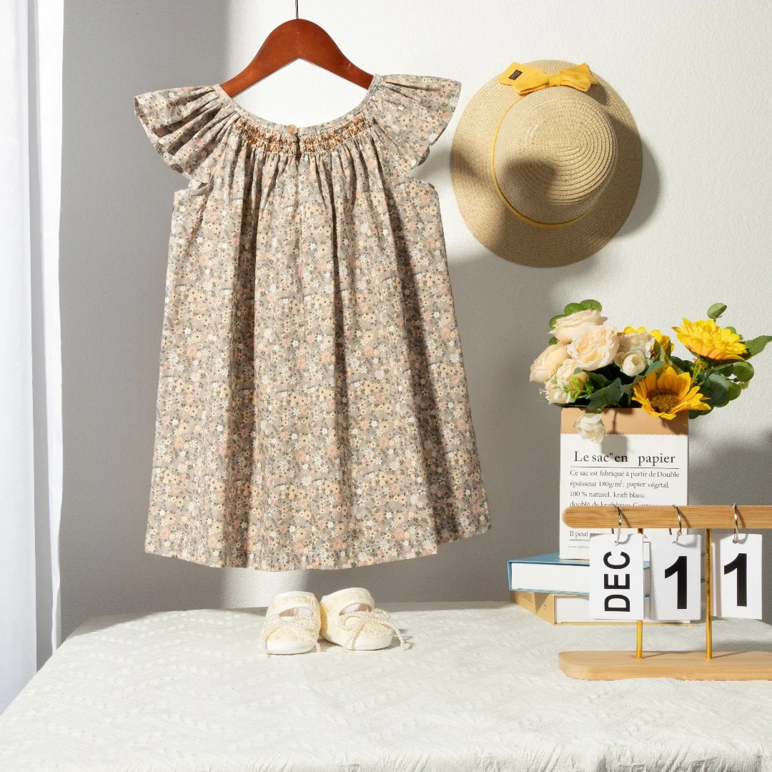 Floral Summer Dress for 1 2 3 4 5 6 Years Girls Smocking Design with Flying Sleeve Baby Toddler Daily Cute Clothes