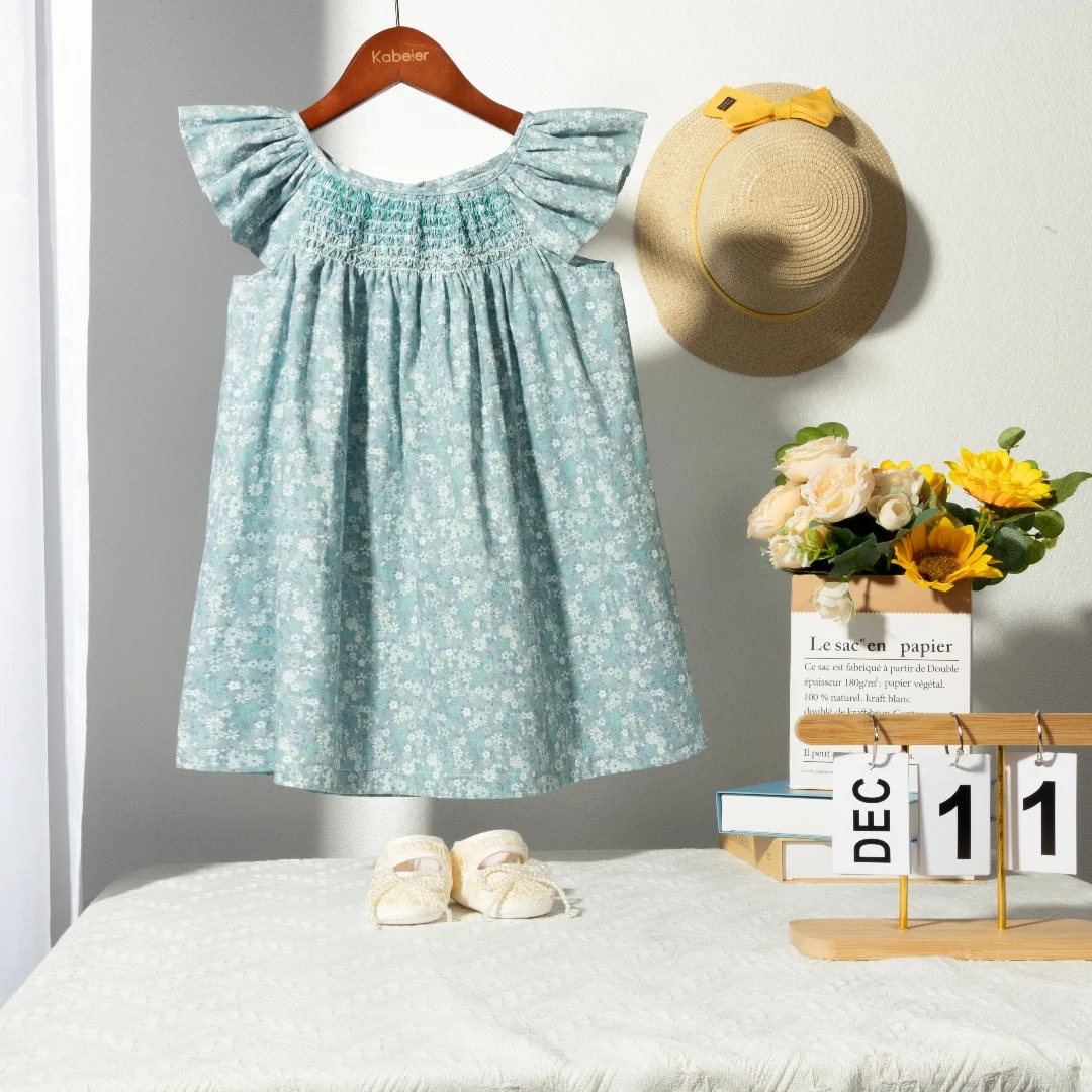 Floral Summer Dress for 1 2 3 4 5 6 Years Girls Smocking Design with Flying Sleeve Baby Toddler Daily Cute Clothes