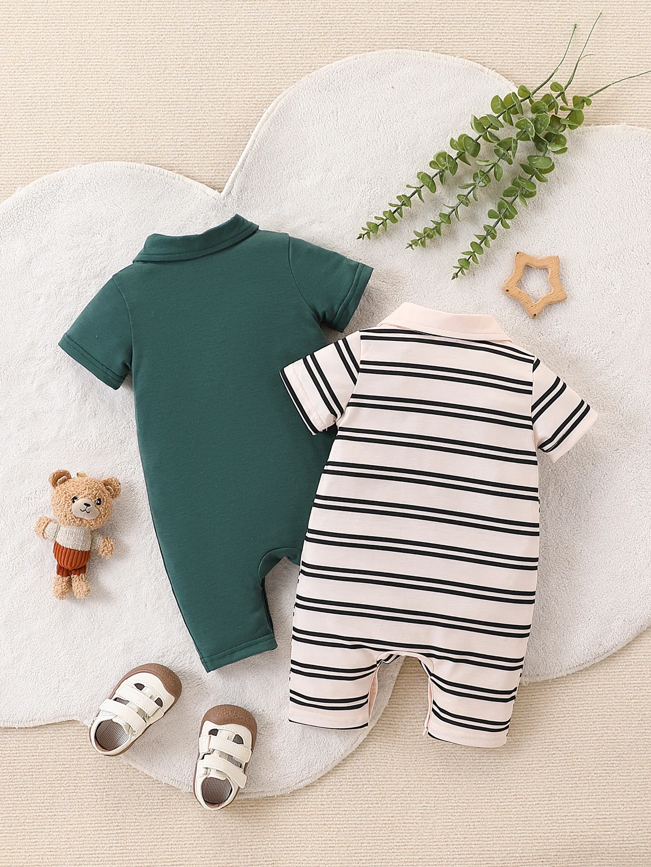 2Pcs Baby Boy Fashion Casual Stripes & Solid Color Open Chest Short Sleeve Collarless Overalls Set for Summer