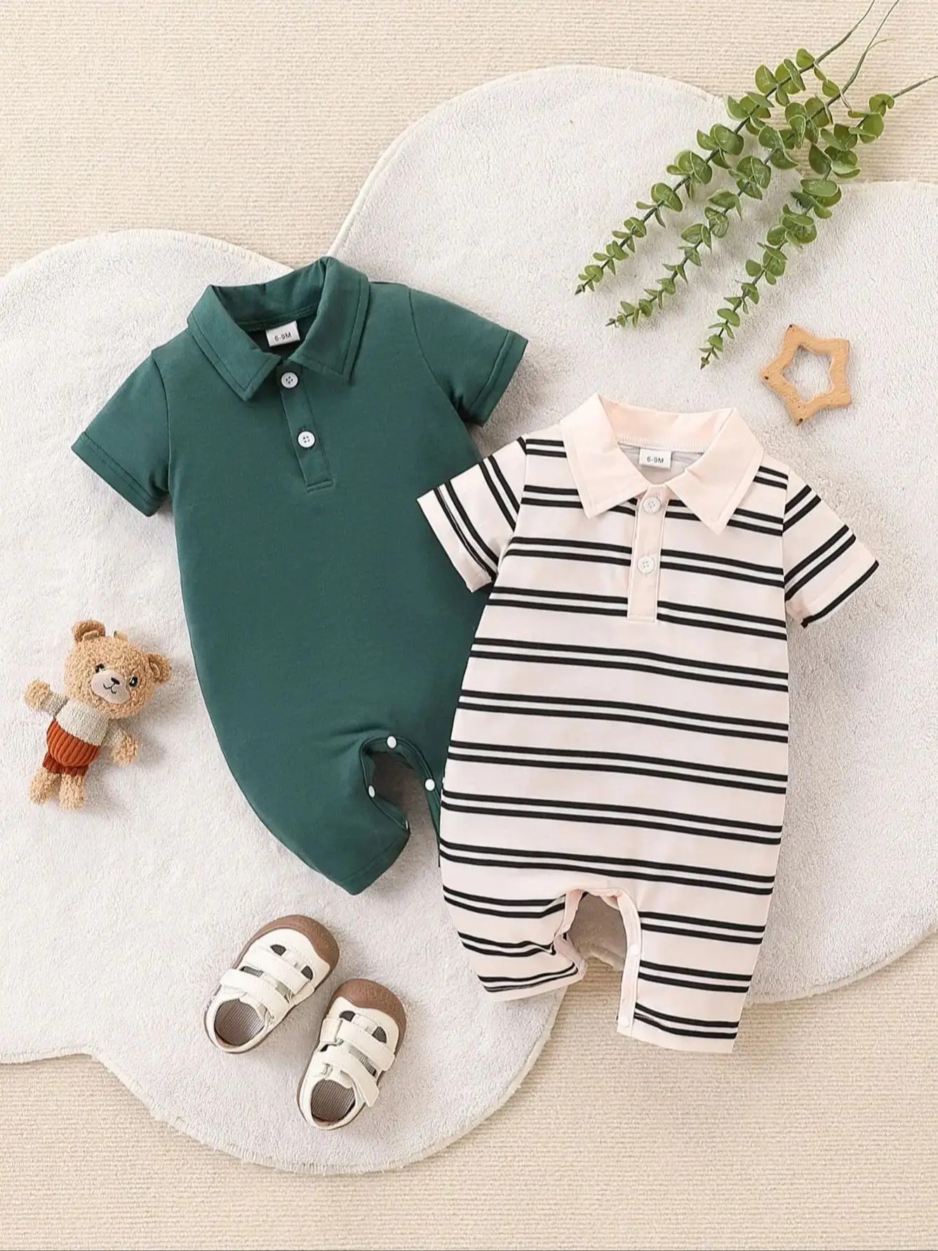 2Pcs Baby Boy Fashion Casual Stripes & Solid Color Open Chest Short Sleeve Collarless Overalls Set for Summer