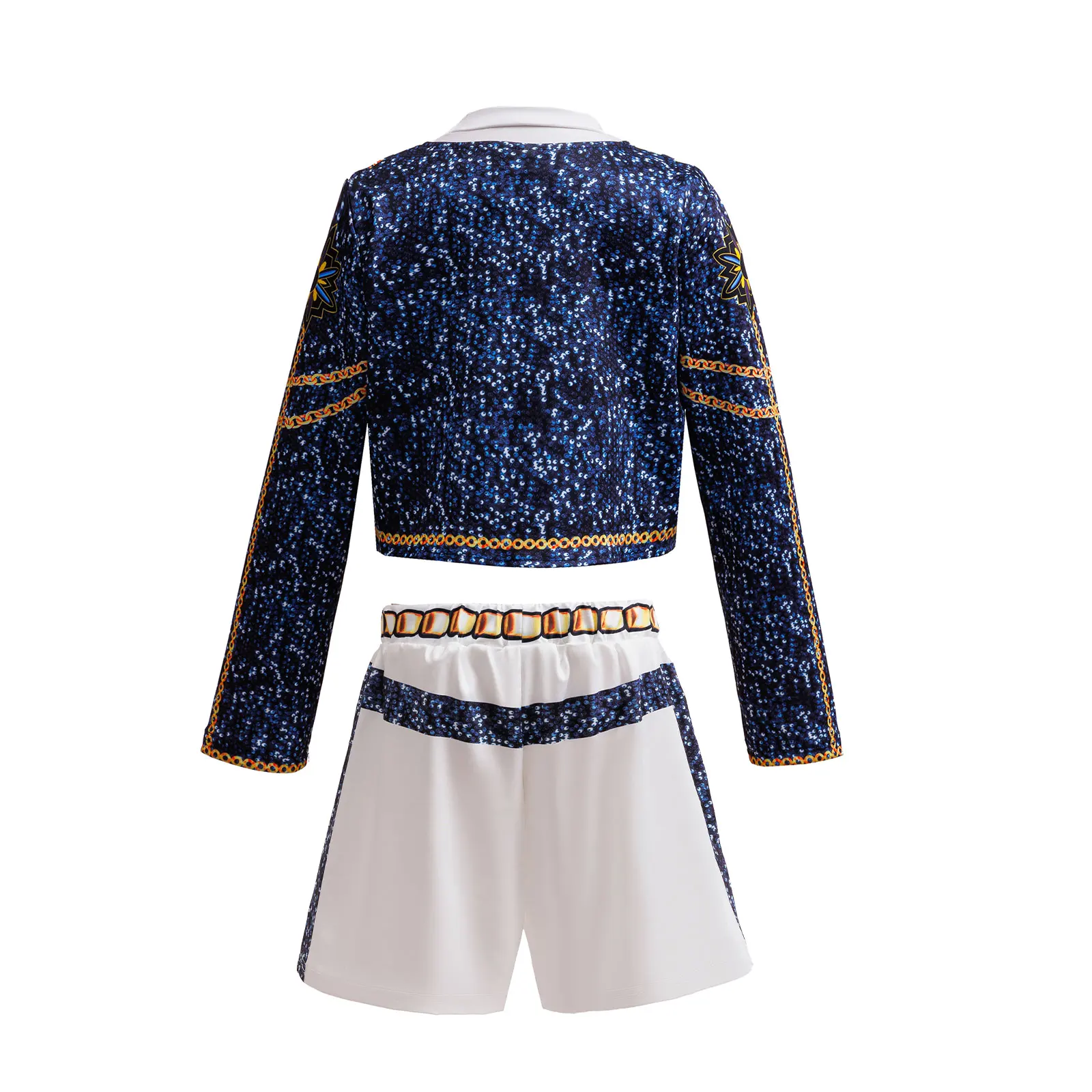 Popular Singer Cosplay Suit Kids 3Pcs Outfit Korean Style Costume Stage Performance Girl Team Uniform Gold Chain Print Coat+Vest
