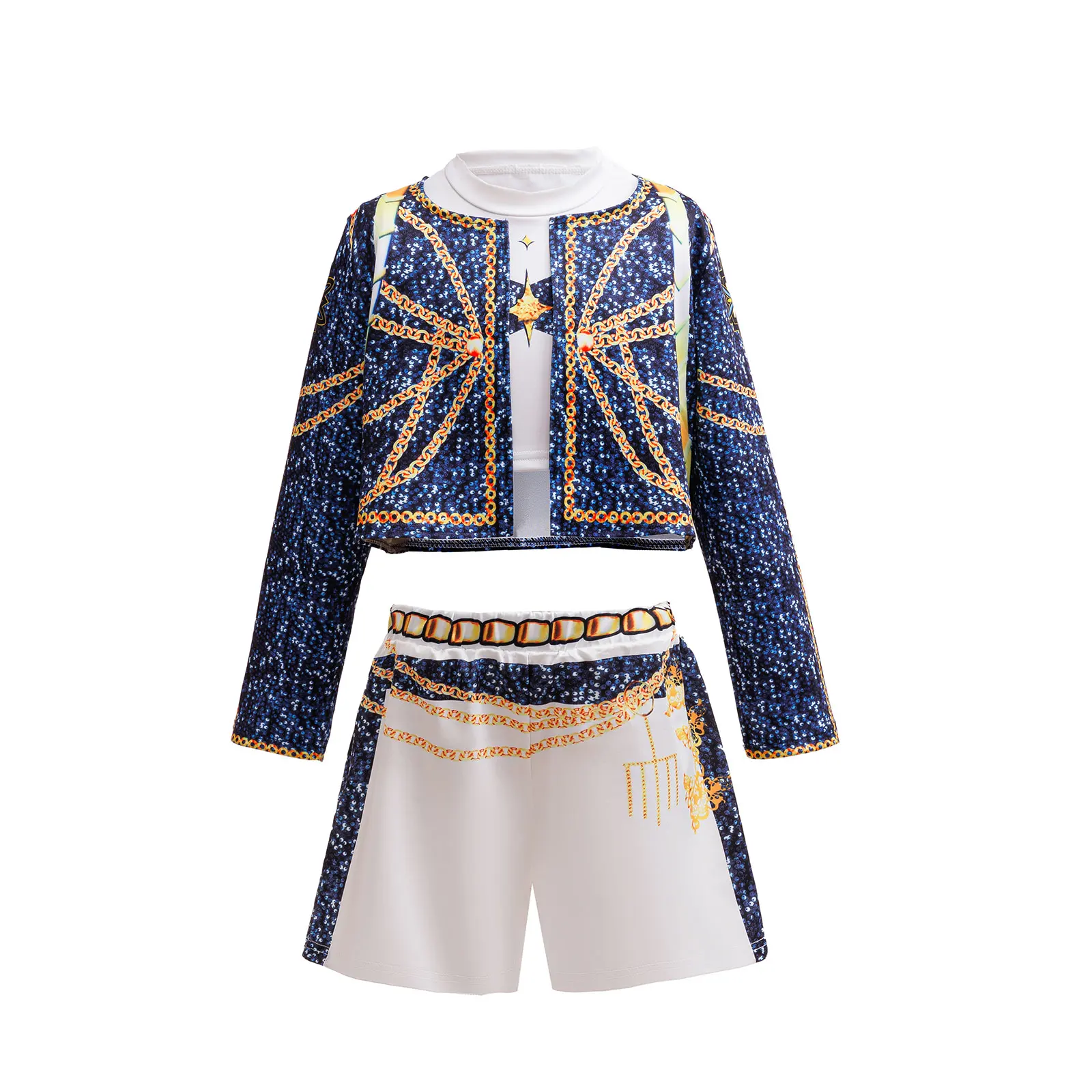 Popular Singer Cosplay Suit Kids 3Pcs Outfit Korean Style Costume Stage Performance Girl Team Uniform Gold Chain Print Coat+Vest
