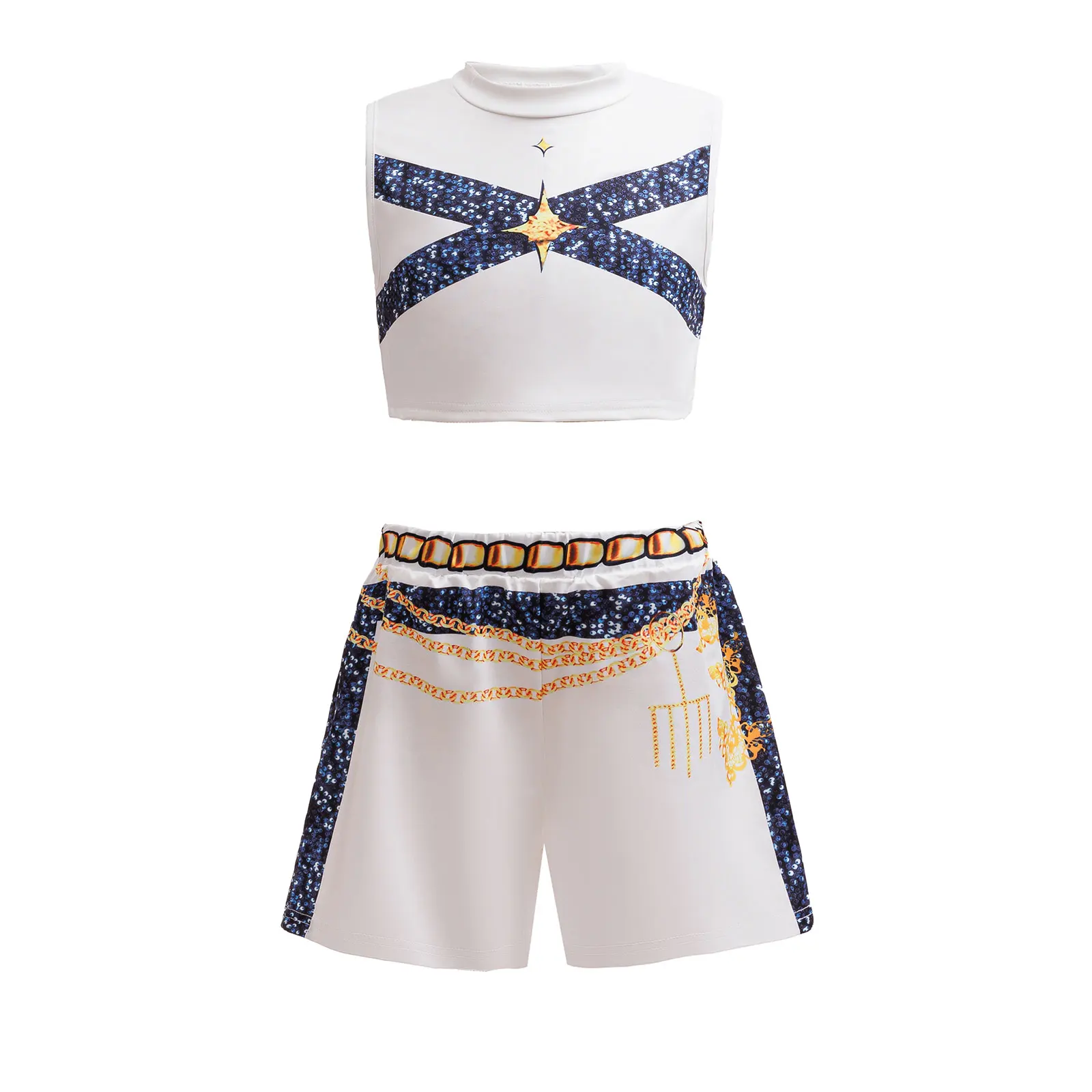 Popular Singer Cosplay Suit Kids 3Pcs Outfit Korean Style Costume Stage Performance Girl Team Uniform Gold Chain Print Coat+Vest