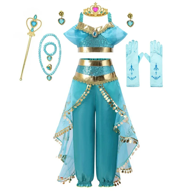Kids Girls Desert Arabian Princess Fancy Costume Dress Set for Halloween Cosplay Birthday Carnival Stage Theme Party Wear