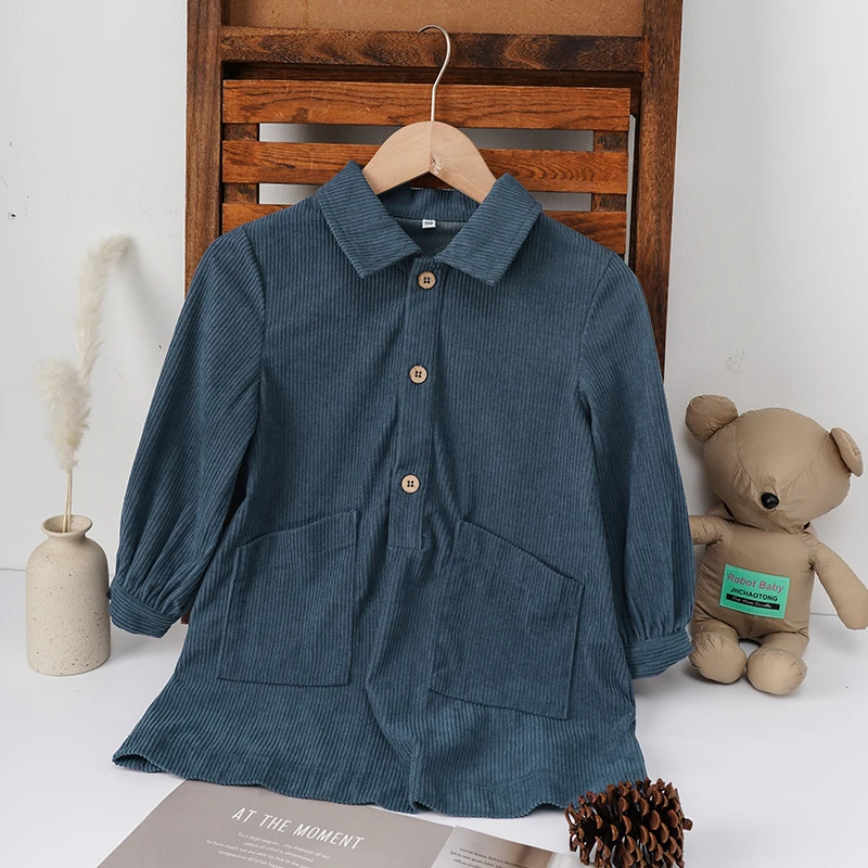 Casual Loose Girls Corduroy Dress 2026 Retro Fall New Children's Lapel Buttons Long-Sleeved Dresses With Pockets Winter Clothing