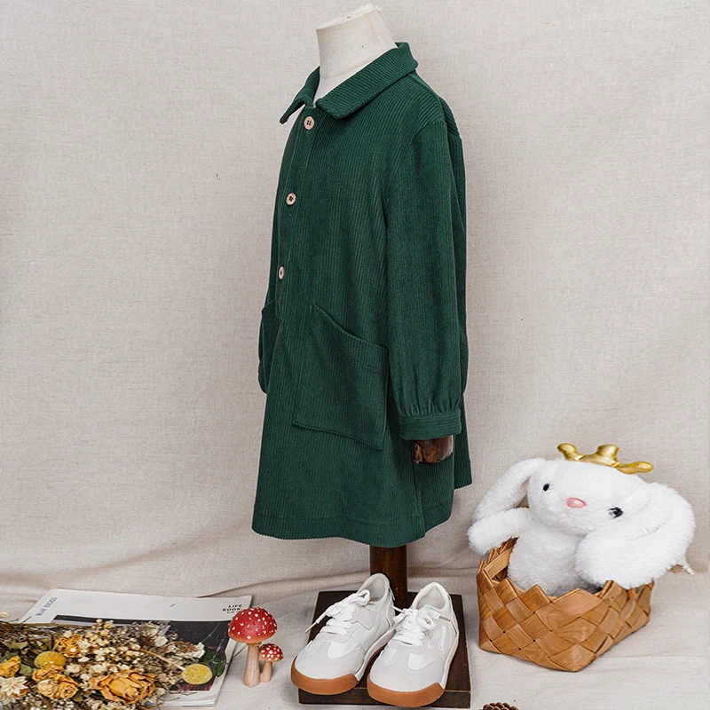 Casual Loose Girls Corduroy Dress 2026 Retro Fall New Children's Lapel Buttons Long-Sleeved Dresses With Pockets Winter Clothing