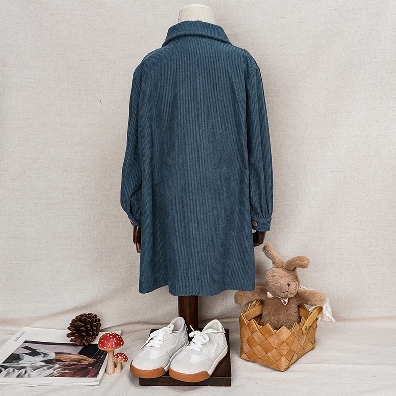 Casual Loose Girls Corduroy Dress 2026 Retro Fall New Children's Lapel Buttons Long-Sleeved Dresses With Pockets Winter Clothing
