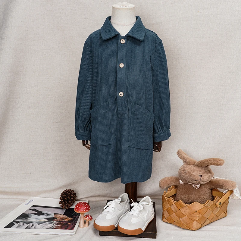 Casual Loose Girls Corduroy Dress 2026 Retro Fall New Children's Lapel Buttons Long-Sleeved Dresses With Pockets Winter Clothing