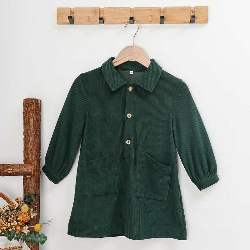 Casual Loose Girls Corduroy Dress 2026 Retro Fall New Children's Lapel Buttons Long-Sleeved Dresses With Pockets Winter Clothing