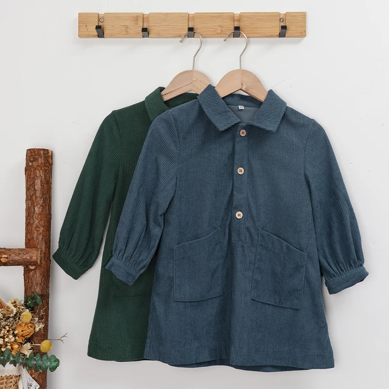 Casual Loose Girls Corduroy Dress 2026 Retro Fall New Children's Lapel Buttons Long-Sleeved Dresses With Pockets Winter Clothing