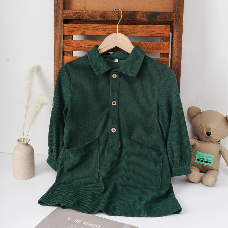Casual Loose Girls Corduroy Dress 2026 Retro Fall New Children's Lapel Buttons Long-Sleeved Dresses With Pockets Winter Clothing