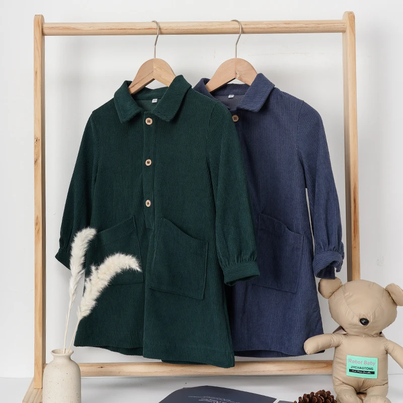 Casual Loose Girls Corduroy Dress 2026 Retro Fall New Children's Lapel Buttons Long-Sleeved Dresses With Pockets Winter Clothing