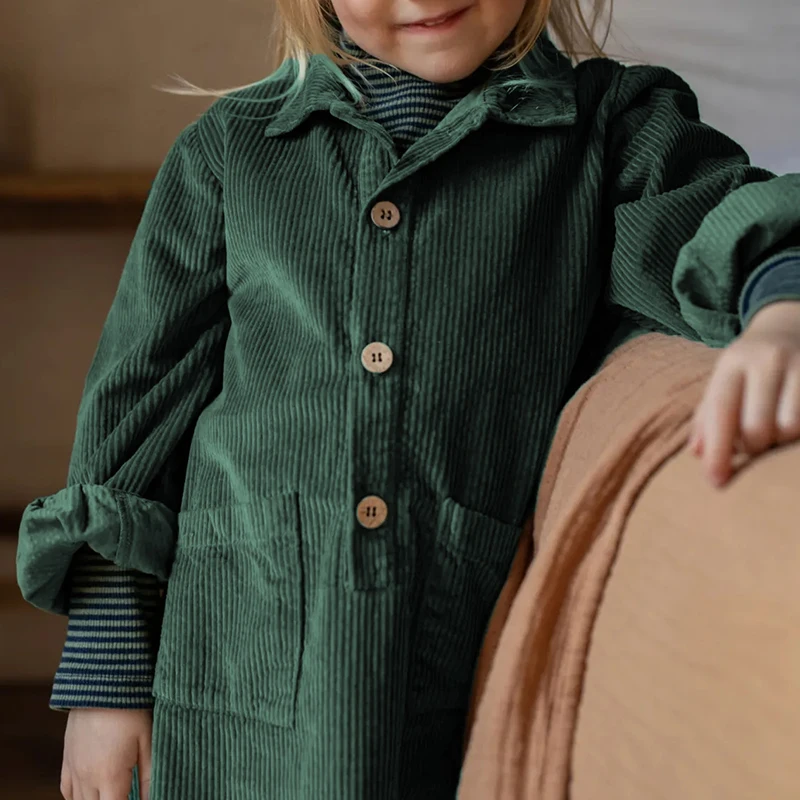 Casual Loose Girls Corduroy Dress 2026 Retro Fall New Children's Lapel Buttons Long-Sleeved Dresses With Pockets Winter Clothing