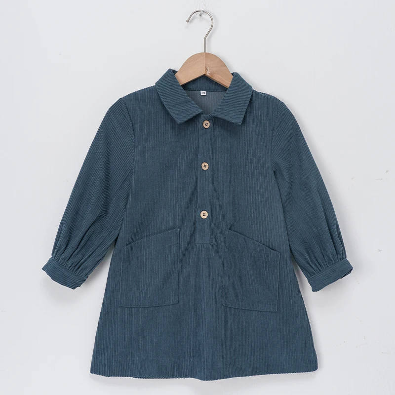 Casual Loose Girls Corduroy Dress 2026 Retro Fall New Children's Lapel Buttons Long-Sleeved Dresses With Pockets Winter Clothing