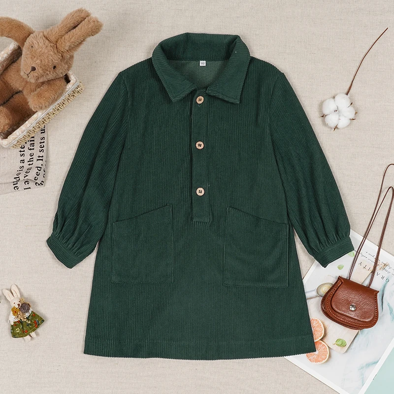 Casual Loose Girls Corduroy Dress 2026 Retro Fall New Children's Lapel Buttons Long-Sleeved Dresses With Pockets Winter Clothing