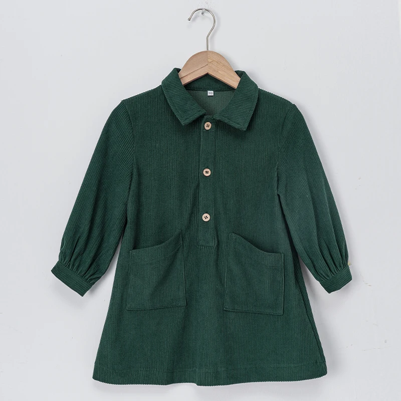 Casual Loose Girls Corduroy Dress 2026 Retro Fall New Children's Lapel Buttons Long-Sleeved Dresses With Pockets Winter Clothing