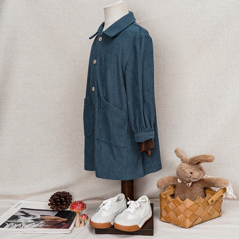 Casual Loose Girls Corduroy Dress 2026 Retro Fall New Children's Lapel Buttons Long-Sleeved Dresses With Pockets Winter Clothing