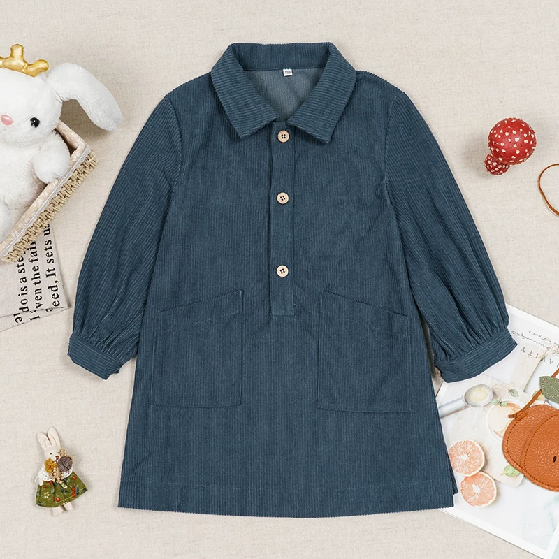 Casual Loose Girls Corduroy Dress 2026 Retro Fall New Children's Lapel Buttons Long-Sleeved Dresses With Pockets Winter Clothing