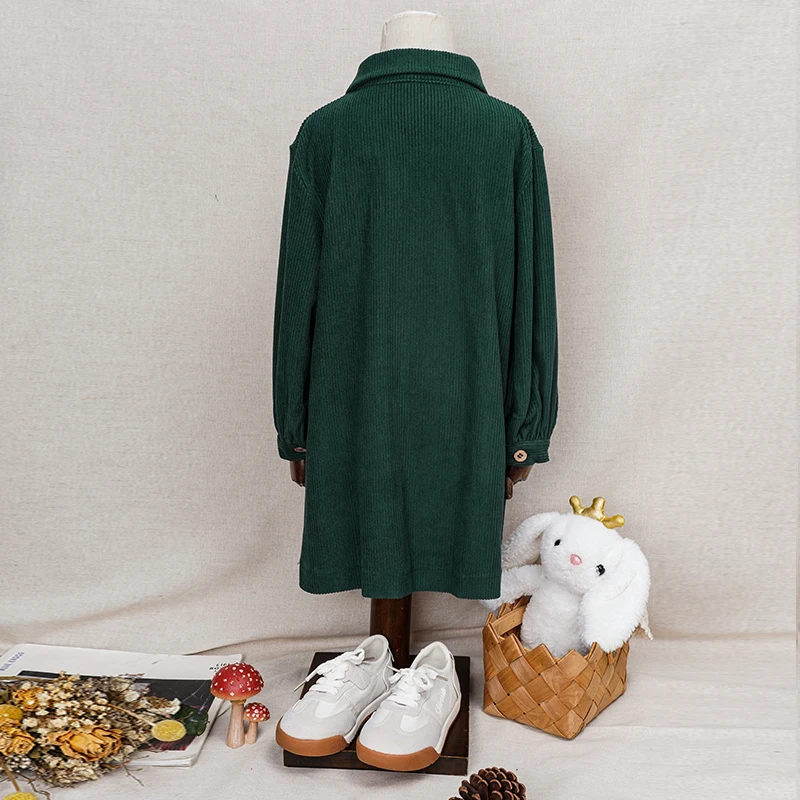 Casual Loose Girls Corduroy Dress 2026 Retro Fall New Children's Lapel Buttons Long-Sleeved Dresses With Pockets Winter Clothing