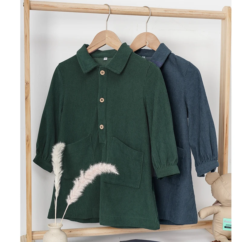 Casual Loose Girls Corduroy Dress 2026 Retro Fall New Children's Lapel Buttons Long-Sleeved Dresses With Pockets Winter Clothing