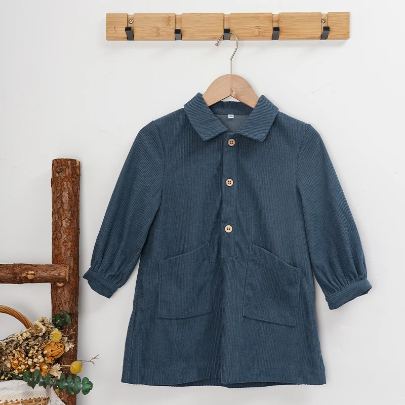 Casual Loose Girls Corduroy Dress 2026 Retro Fall New Children's Lapel Buttons Long-Sleeved Dresses With Pockets Winter Clothing