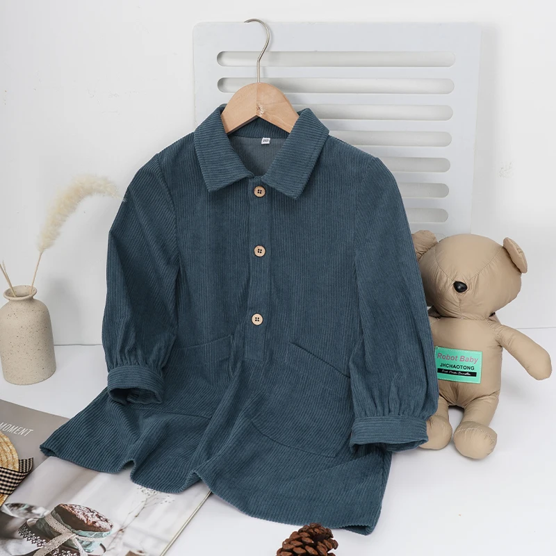 Casual Loose Girls Corduroy Dress 2026 Retro Fall New Children's Lapel Buttons Long-Sleeved Dresses With Pockets Winter Clothing