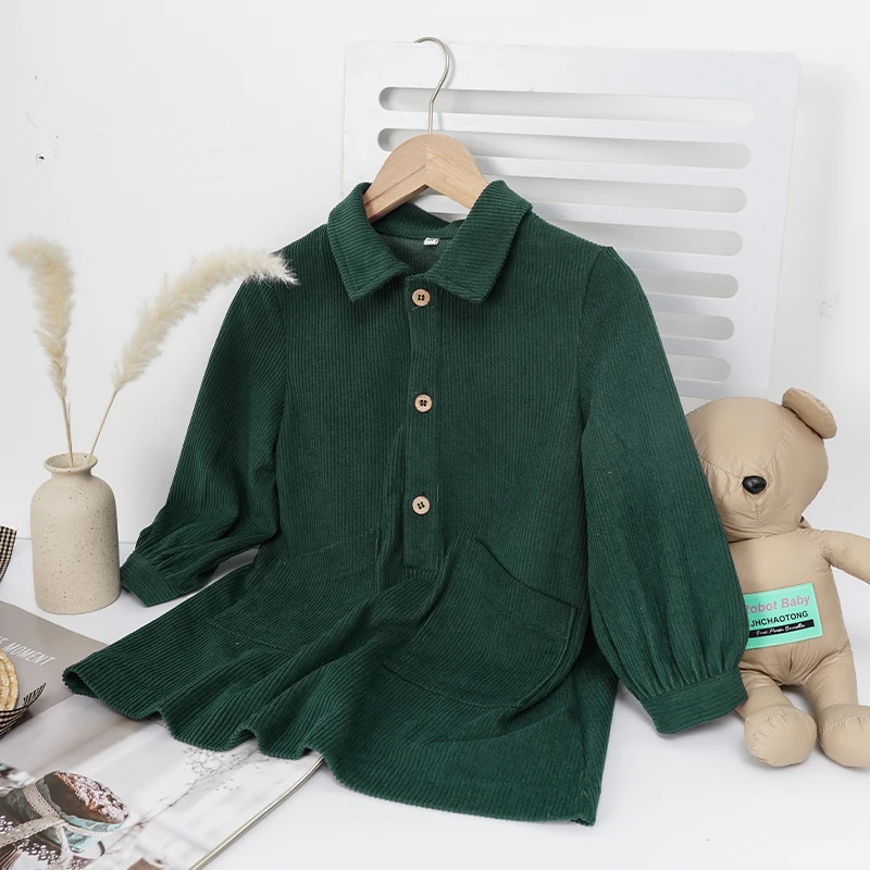 Casual Loose Girls Corduroy Dress 2026 Retro Fall New Children's Lapel Buttons Long-Sleeved Dresses With Pockets Winter Clothing