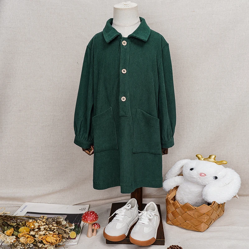 Casual Loose Girls Corduroy Dress 2026 Retro Fall New Children's Lapel Buttons Long-Sleeved Dresses With Pockets Winter Clothing