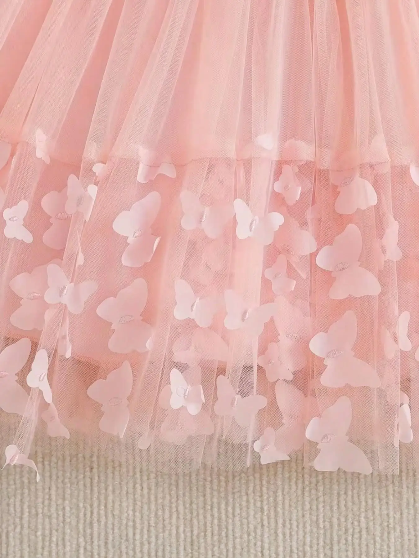 Little Girl Romantic Style Tulle Tutu Dress with Ribbed Bodice Ruffle Neck Waist Bow 3D Butterfly Mesh Skirt for Photoshoot