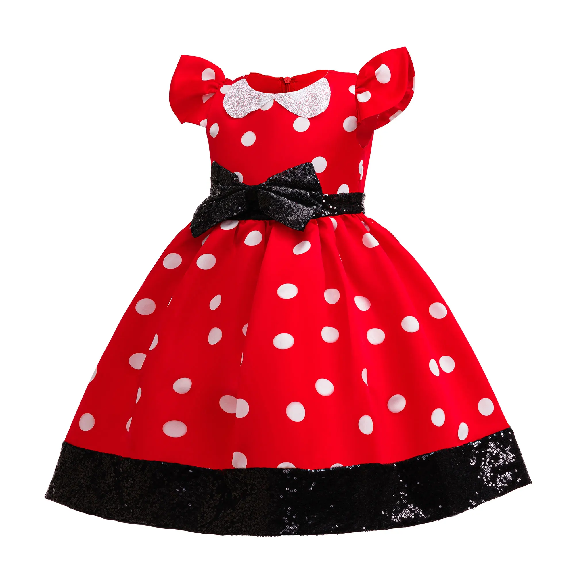Cute Little Girls Red White Polka Dot Princess Dress Black Sequin Bow Kid Minnie Birthday Party Outfit Carnival Cosplay Clothing