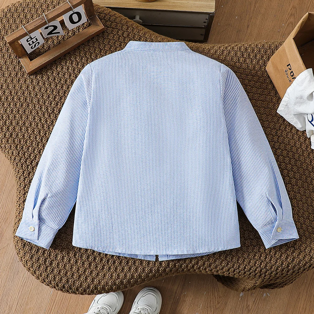 Boys Vertical Striped Long Sleeve Shirt 6-12Y Stand Collar Pocket Kids Soft Casual Blouse Back To School Outfit