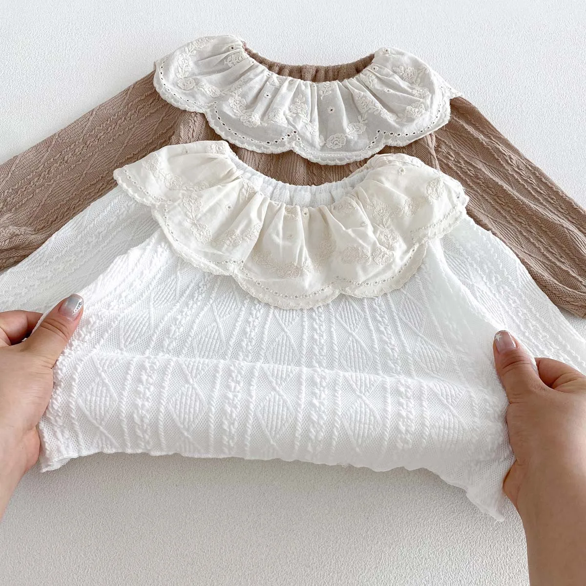 Girls' Lace Large Lapel Long-Sleeved Top + Knitted Flared Pants Two-Piece Set, Cable Knit Texture Baby Korean-Style Outfit, Spring and Autumn Home and Outdoor Children's Clothing