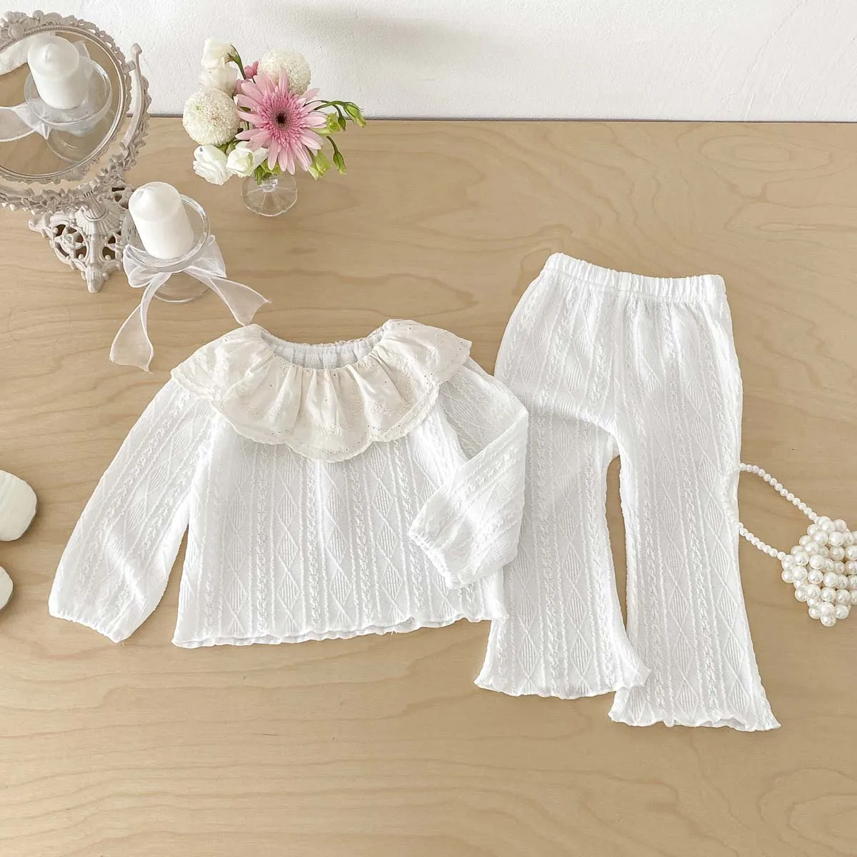 Girls' Lace Large Lapel Long-Sleeved Top + Knitted Flared Pants Two-Piece Set, Cable Knit Texture Baby Korean-Style Outfit, Spring and Autumn Home and Outdoor Children's Clothing