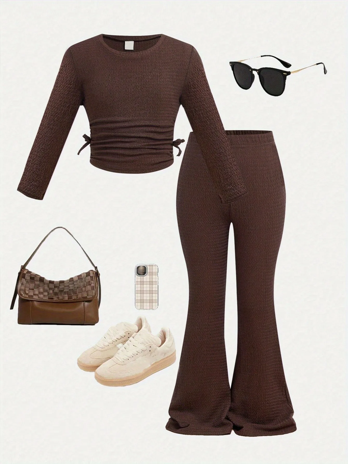 Kids Girls 2 Piece Brown Waffle Knit Ruched Drawstring Crop Top & Flare Pants Set Casual Daily Outfit