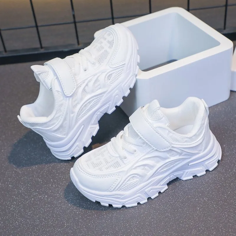 White Children's Leather Casual Shoes For Boy Girls Outdoor Running Sneakers Breathable Mesh Kids School Walking Sport Non Slip