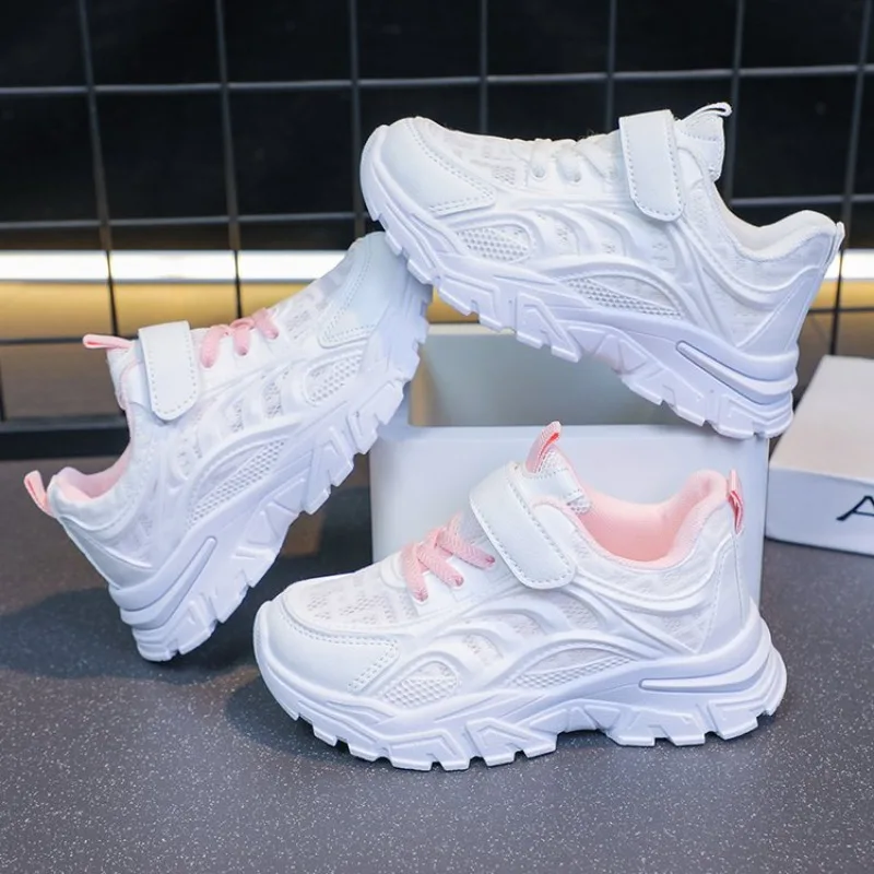 White Children's Leather Casual Shoes For Boy Girls Outdoor Running Sneakers Breathable Mesh Kids School Walking Sport Non Slip