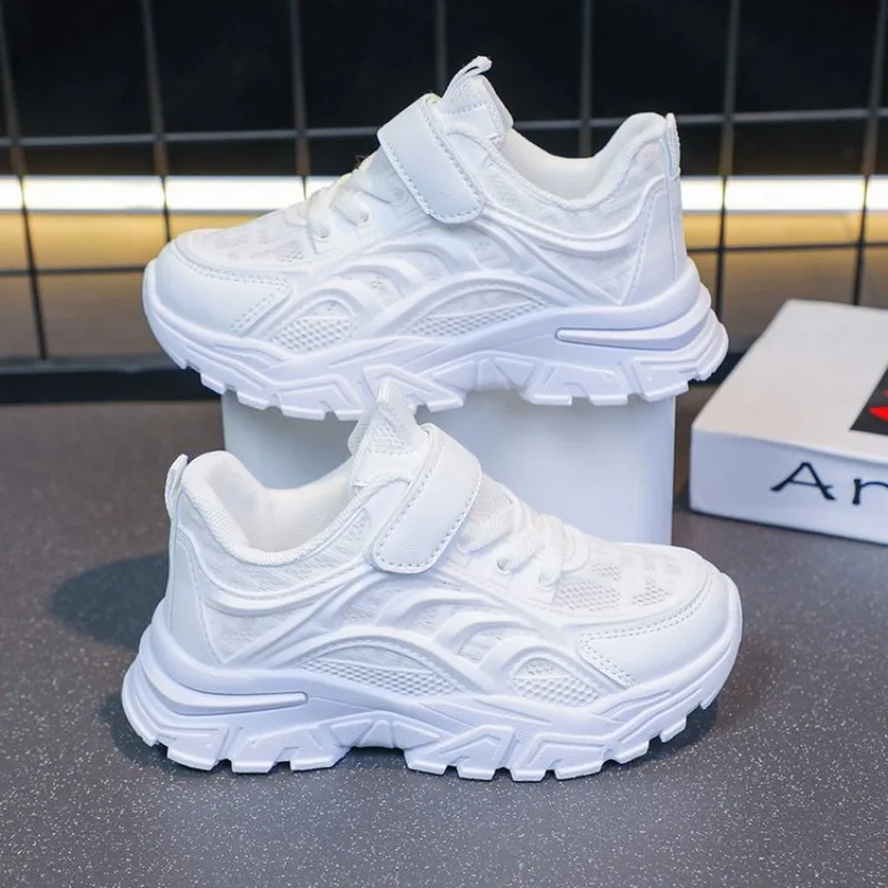 White Children's Leather Casual Shoes For Boy Girls Outdoor Running Sneakers Breathable Mesh Kids School Walking Sport Non Slip