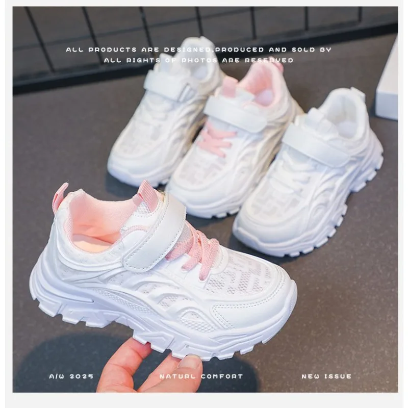 White Children's Leather Casual Shoes For Boy Girls Outdoor Running Sneakers Breathable Mesh Kids School Walking Sport Non Slip