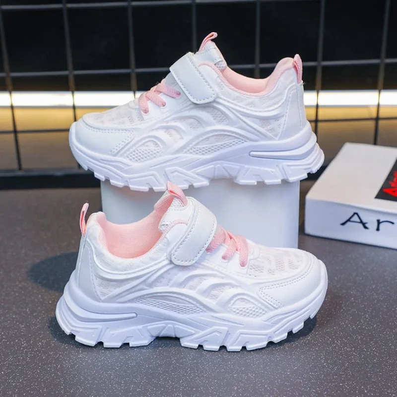 White Children's Leather Casual Shoes For Boy Girls Outdoor Running Sneakers Breathable Mesh Kids School Walking Sport Non Slip