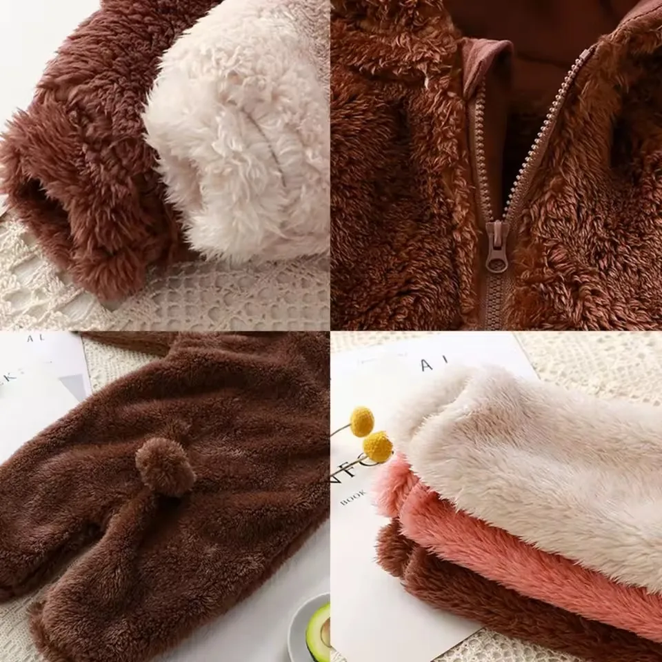 2026 Winter Baby Clothes Cute Cartoon Bear Baby Rompers Pajamas Infant Boy Girls Fleece Hooded Zipper Jumpsuit 0-36 Months