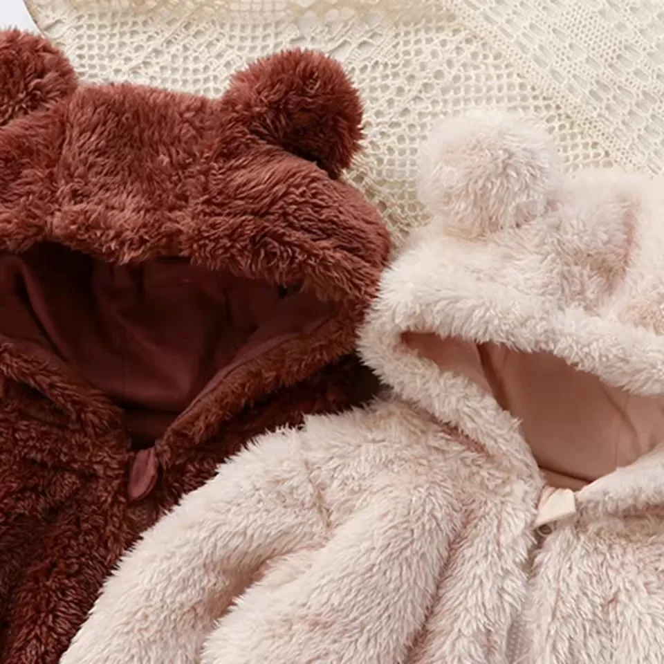 2026 Winter Baby Clothes Cute Cartoon Bear Baby Rompers Pajamas Infant Boy Girls Fleece Hooded Zipper Jumpsuit 0-36 Months