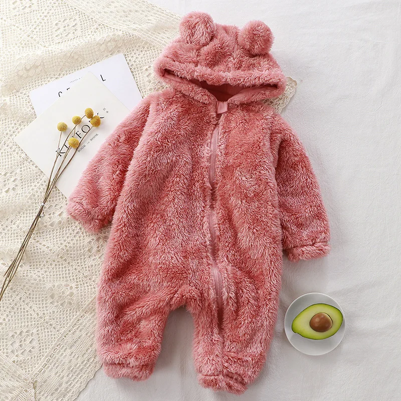 2026 Winter Baby Clothes Cute Cartoon Bear Baby Rompers Pajamas Infant Boy Girls Fleece Hooded Zipper Jumpsuit 0-36 Months