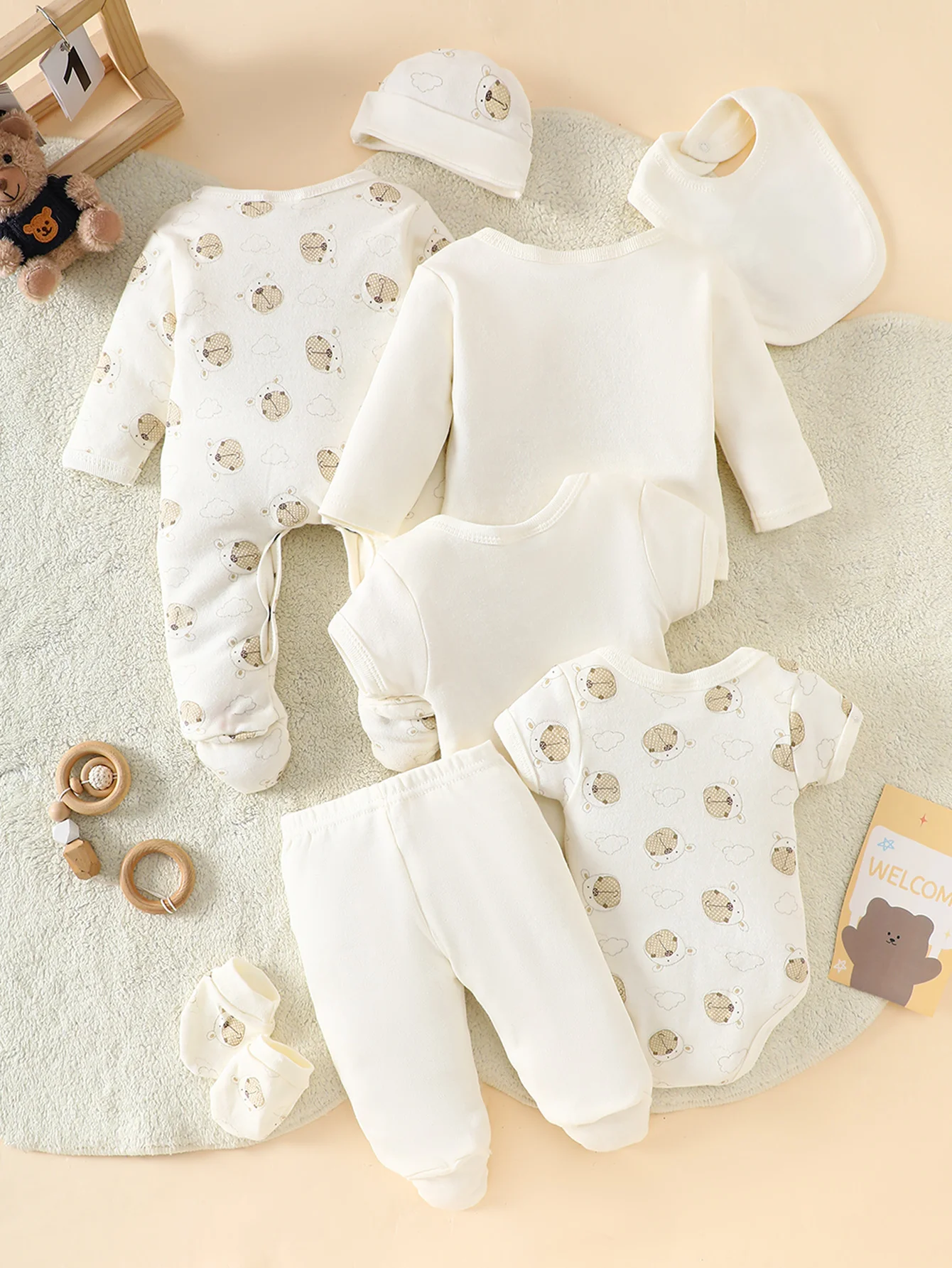 0-9M Baby 8 Pieces Layette Set, Neutral Cartoon Lion Print Soft Cotton All Season Newborn Infant Outfit