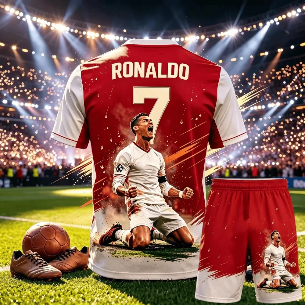 CR7 Ronaldo No.7 Theme Soccer Outfit Adult Children 3D Print Jersey Shorts Two Piece Sports Suit For Fans parent-child Clothing