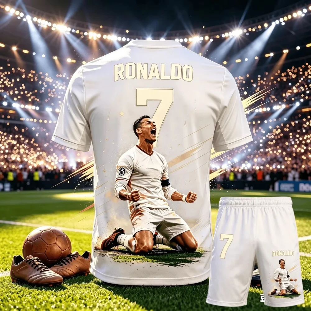 CR7 Ronaldo No.7 Theme Soccer Outfit Adult Children 3D Print Jersey Shorts Two Piece Sports Suit For Fans parent-child Clothing