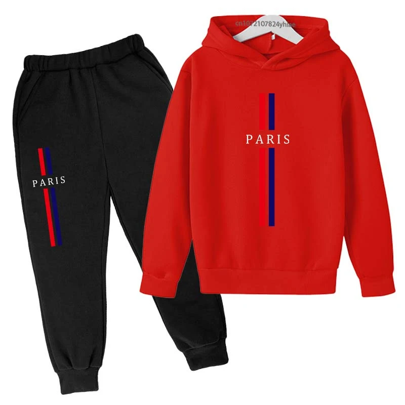 Kids Autumn Spring Casual Paris Print 2pcs Hoodie+Pants Tracksuits 2-13Years Boys Girls Fashion Streetwear Children Clothes Sets