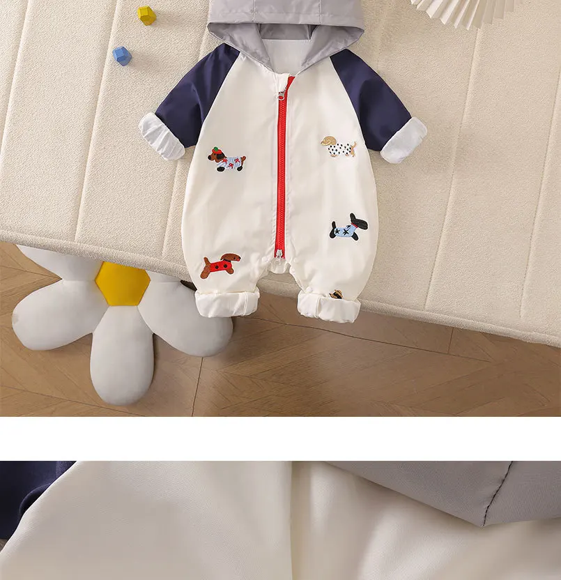 Spring Autumn Infant Baby Hooded Romper Cute Dog Embroidery Zipper Baby Clothes Long Sleeve Newborn Windproof Jumpsuit